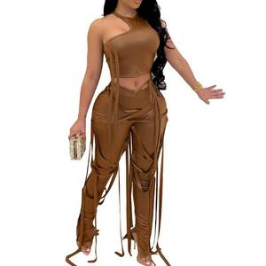 lot 6306 image: MESLIMA Women 2 Piece Outfits Sleeveless Off Shoulder Irregular Tank Top and High Waist Leather Pencil Pants Set Coffee S