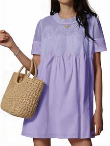 lot 6348 image: Wenrine Womens Lace Mini Dress Summer Short Sleeve Crewneck Sheer Mesh Casual Loose Ruffle Babydoll Dresses Light Purple