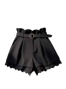 lot 6351 image: GORGLITTER Womenfts Pleated Lace Belted Dress Shorts Wide Leg Tailored Formal Dressy Work Shorts with Pockets Black X-Large
