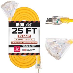 lot 6362 image: IRON FORGE CABLE 25 Foot Lighted Outdoor Extension Cord with 3 Electrical Power Outlets - 123 SJTW Heavy Duty Yellow Extension Cable with 3 Prong Grounded Plug for Safety, 15 AMP