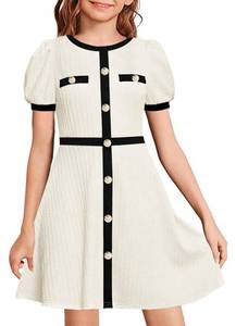 lot 6369 image: YOVION Girls Summer Dress Puff Sleeve Crewneck Button Color Block Casual Party Dresses with Pockets for 6-12 Y Beige
