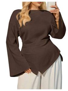 lot 6370 image: SHENHE Womenfts Plus Size Fall Dressy Casual Blouse Bell Long Sleeve Ruched Asymmetrical Work Top Brown 3X-Large Plus