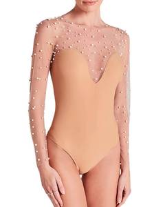 lot 6371 image: CORIRESHA Womenfts Chic Pearls Top Long Sleeve Crewneck Sheer Mesh Bodysuit Clubwear size L