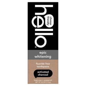 lot 6387 image: hello Epic Whitening Charcoal Fluoride Free Toothpaste, Activated Charcoal Toothpaste with Coconut Oil, Whitens Teeth Naturally, SLS Free, Fresh Mint, 4.0 Oz Tube