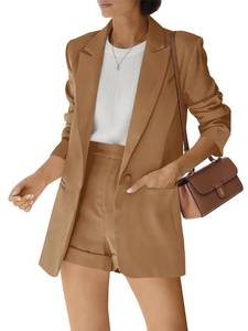 lot 6396 image: Womenfts 2 Piece Open Front Long Sleeve Blazer and Solid Short Pants Suit Sets Khaki size L