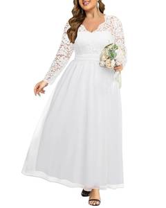 lot 6400 image: Talisea Plus Size Wedding Dress for Bride White Formal Gowns Bridal Shower Elegant Long Sleeve Lace Chiffon Long Maxi Dresses size plus size