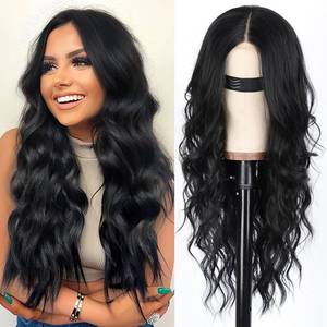 lot 6403 image: AISI HAIR Black Wig for Women, Long Wavy Lace Hairline Middle Part Synthetic Heat Resistant Wig for Daily Party-26 Inch