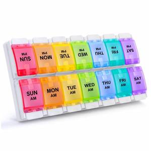 lot 6435 image: Sukuos AM PM Weekly Pill Organizer 2 Times A Day, Large Daily Pill Box Case 7 Day with Easy Push Button Design, Detachable Medicine Holder for VitaminFish OilSupplements (Rainbow)