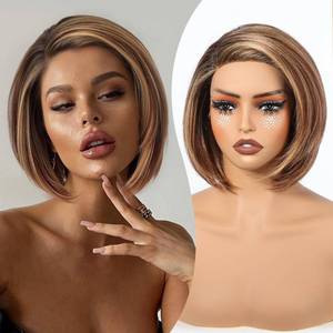 lot 6450 image: BLONDE UNICORN Brown Blonde Mixed Synthetic Lace Front Wig T Part Glueless Short Straight Bob Wigs for Women Daily Party Use 10IN