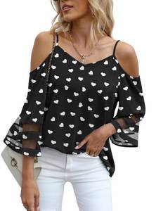 lot 6462 image: Jouica Cold Shoulder Tops for Women Cute Love Heart Womens Tops,L Black Love,X-Large