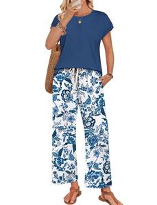 lot 6480 image: WIHOLL Vacation Outfits for Women Two Piece Sets Summer Outfits 2026 Cruise Airport Travel Lounge Sets Beach Clothes Spring Matching Clothing Fashion Comfy Casual Pajamas Boho Pants Navy Blue L