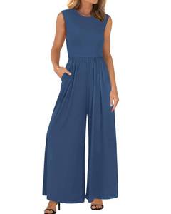 lot 6483 image: BTFBM Womens Casual Jumpsuits Dressy 2026 Spring One Piece Outfits Crew Neck Sleeveless Knit Wide Leg Pants Romper Beach(Denim Blue, Medium)
