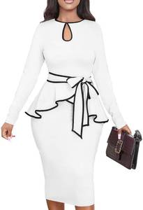 lot 6484 image: Women Dress Elegant Peplum Business Dresses Sexy Split Long Sleeve Bodycon Knee Length Formal Pencil Back Zipper Dress(White,XXL)