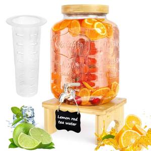 lot 6487 image: 2 Gallon Drink Dispenser with StandGlass Beverage Dispenser With Wood Stand, 188 Stainless Steel Spigot and Labels Large Water Drink Dispensers for Parties, Lemonade,Juice, Tea