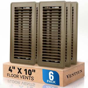 lot 11090 image: 4 x 10in Floor Register Vent Covers 6-Pack, Walkable Powder-Coated Metal Vent Covers with Adjustable Airflow, Curved Safe Edges for FloorWall, Brownin
