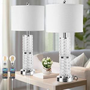 lot 11094 image: 3-Way Touch Control Crystal Table Lamps Set of 2, Silver Modern Bedside Lamp with 2 USB Ports and AC Outlets for Living Room, 26ft Tall Desk Lamps with White Drum Shade for Bedroom, 2 Free Bulbs Included