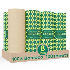 lot 11101 image: ECOlipak Paper Towels - 8 Rolls, 2 Ply 120 Sheets- Plastic Free, Tree Free, Compostable, Disposable Kitchen Paper Towels, Soft and Absorbent, PFAS Free, Nature