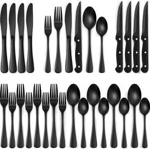 lot 11103 image: EWFEN 24-Piece Black Silverware Set with Steak Knives, Black Flatware Set for 4, Food-Grade Stainless Steel Tableware Cutlery Set, Mirror Finished Utensil Sets for Home Restaurant, Round Edge