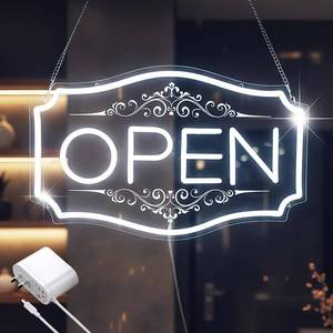 lot 11118 image: Open Sign for Business, LED Dimmable Neon Open Sign with 12V2A Adapter, 16.5 x 10.5in, White, Bright LED Visibility to Light Up Window, Wall, Bar, Coffee, Salon and Storein