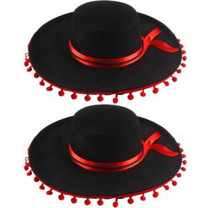 lot 12188 image: Cagemoga 2 Pack Mexican Sombrero Hat Black Felt Large Sombrero Hat with Red Pom and Silk Trim for Cinco De Mayo Mexican Carnival Party Dress Up Accessories