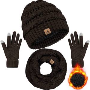 lot 12199 image: Coffee Unisex Adult Winter Hat, Scarf and Gloves Set - Warm Fleece Knit Touch Screen Gloves and Neck Scarf (Used)