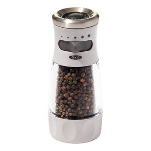 lot 12206 image: OXO Good Grips Contoured Mess-Free Pepper Grinder, Adjustable Ceramic Grinder with Five Settings, Black Pepper Mill for Home and Kitchen, Spice Tool and Kitchen Gadget (Used)