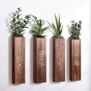 lot 12209 image: BOTOP 4 Pack Wood Indoor Wall Planter, Modern Boho Wall Decor for Living Room Bedroom, Farmhouse Pocket Vases for Dried Flowers and Faux Greenery Plants - Brown (Only 3)