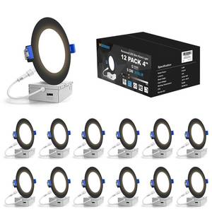 lot 12223 image: VOLISUN 12 Pack 4 inch Recessed Lighting, 5CCT LED Recessed Light Black, 2700K-5000K Selectable, 9.5W Eqv 80W, 810LM Dimmable Canless Wafer Downlight, LED Ceiling Light ETL Certificated (Used)