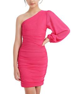 lot 12229 image: EXARUS Girls Easter Spring Dress One Shoulder Party Dance Ruched Bodycon Mesh Short Mini Dresses Hot Pink 8 Years