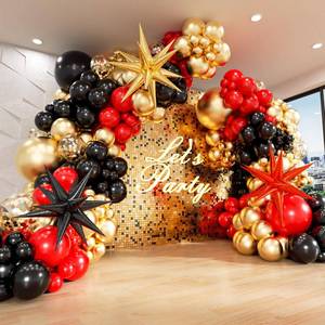lot 12263 image: FOTIOMRG Red Black Gold Balloons Arch kit with 3pcs Star Balloons, Red Black and Gold Balloons Garland for Anniversary Casino Night Hollywood New Years Movie Night Birthday Decorations