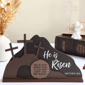 lot 12266 image: Blosssound Religious Easter Decorations - He is Risen Empty Tomb Display Sign Christian Easter Decor for Home Office Table Tiered Tray Desk