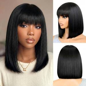lot 12284 image: Xinjiju Black Bob Wigs Human Hair Short Wig with Bangs Straight Wigs Human Hair Glueless Wear and Go 150percent Density Wigs for Women Daily Use 14 Inch