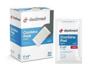 lot 12298 image: Dealmed Abdominal Combine Pads 5x9in (20-Pack) Sterile Individually Wrapped, ABD Pads, Absorbent, Non Adherent for Wound Care, Drainage, First Aid, 20Box (1 Pack)in