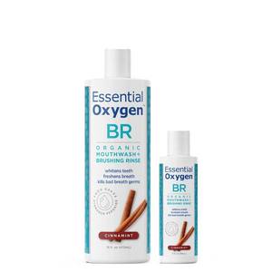 lot 12313 image: Essential Oxygen BR Certified Organic Brushing Rinse, All Natural Mouthwash for Whiter Teeth, Fresher Breath, and Happier Gums, Alcohol-Free Oral Care, Cinnamint, 2 Piece Set, 16 Oz