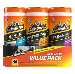lot 12349 image: Armor All Protectant, Glass and Cleaning Wipes, Wipes for Car Interior and Car Exterior, 30 Count Each (Pack of 3) (One Is Damaged)