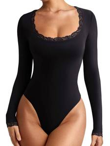 lot 12356 image: REORIA Womens Sexy Lace Scoop Neck Long Sleeve Body Suit Fall Outfits Double Lined Layering Slim Soft Bodysuit Tops Black Large