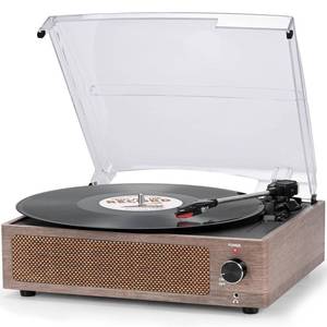 lot 13380 image: Vintage Record Player with Speakers Turntable for Vinyl Records Belt-Driven Turntable 3-Speed 3 Size Wireless Playback Headphone AUX-in RCA Line LP Vinyl Players Auto Stop Wood Grey