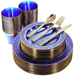 lot 13386 image: Nervure 150PCS Clear Blue Plastic Plates - Gold Party Plates - Blue and Gold Dinnerware Set Include 50 Disposable Plate, 25Cups, 25Forks, 25Knives, 25Spoons for Wedding and Party and Hanukkah