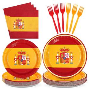 lot 14282 image: Greencian 96 Pcs Spain Flag Party Decorations Disposable Spanish Flag Paper Plates and Napkins Spanish National Day Tableware Set for Country Decoration Patriotic Festival Party Supplies, Serves 24