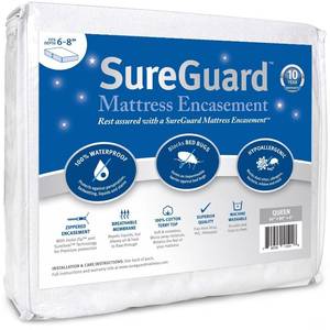 lot 14284 image: Queen (6-8 in. Deep) SureGuard Mattress Encasement - 100percent Waterproof, Bed Bug Proof, Hypoallergenic - Premium Zippered Six-Sided Cover
