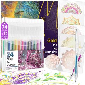 lot 14294 image: Mandala Adult Coloring Book for Women Relaxation, Gold Foil Mandala Coloring Book Set with 24 Colors Retractable Glitter Gel Pens, 12Pcs Premium Single-Sided Paper Mindfulness Gift Include Gift Bag