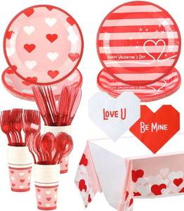 lot 14302 image: Valentines Day Plates and Napkins Sets - Serves 16 - Includes Paper Cups Cutlery for Valentine Decor Party Supplies Paper Straws Valentines Day Decor Valentinefts Day Decorations