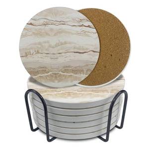 lot 14313 image: Ceramic Coasters Set of 6, Marble-Textured Design with Holder - Absorbent Cork-Backed Coasters for Cups, Bar and Coffee Table Decor Accessories (Khaki Marble, 6 Pack)