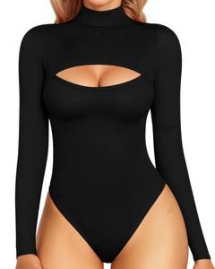 lot 14314 image: MANGOPOP Womenfts Mock Neck Cutout Front Bodysuit Long Sleeve Turtle Neck Body Suits Sexy Tops Black L