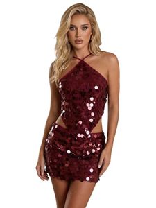 lot 14319 image: SweatyRocks Womenfts Sexy Sequin Halter Tops Crisscross Tie Backless Asymmetrical Y2k Going Out Party Concert Top Burgundy Medium