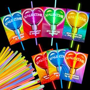 lot 14329 image: JOYIN 36 Packs Neon Valentines Day Gift Cards with Glow Stick Bracelets, Glow in the dark Necklaces for Valentinefts Party Favor, Valentine Classroom Exchange Cards, Valentine School Prize