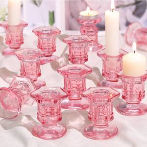 lot 14367 image: Pink Candlestick Holders Bulk, 12 Pcs Glass Candle Holders Set,Crystal Taper Candle Holder for Wedding, Table Centerpiece, Home Decoration