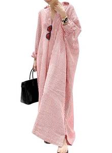 lot 14375 image: utcoco Womens Striped Long Sleeve Dress Casual Loose Button Down Cotton Maxi Shirt Dress (Medium, Red)