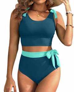 lot 14378 image: Yonique Two Piece High Waisted Swimsuits - Women Tummy Control Bikini Modest Bathing Suit 2PC 2025 Teal and Green M