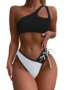 lot 14379 image: YELAIVP Womenfts Large Bikini Sets One Shoulder High Waisted Two Piece Swimsuit Lace Up High Cut Bathing Suit